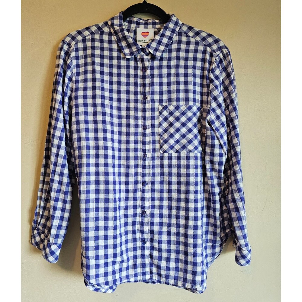Women's Button Down Shirt Size M Long Sleeve Plaid Blue silver thread